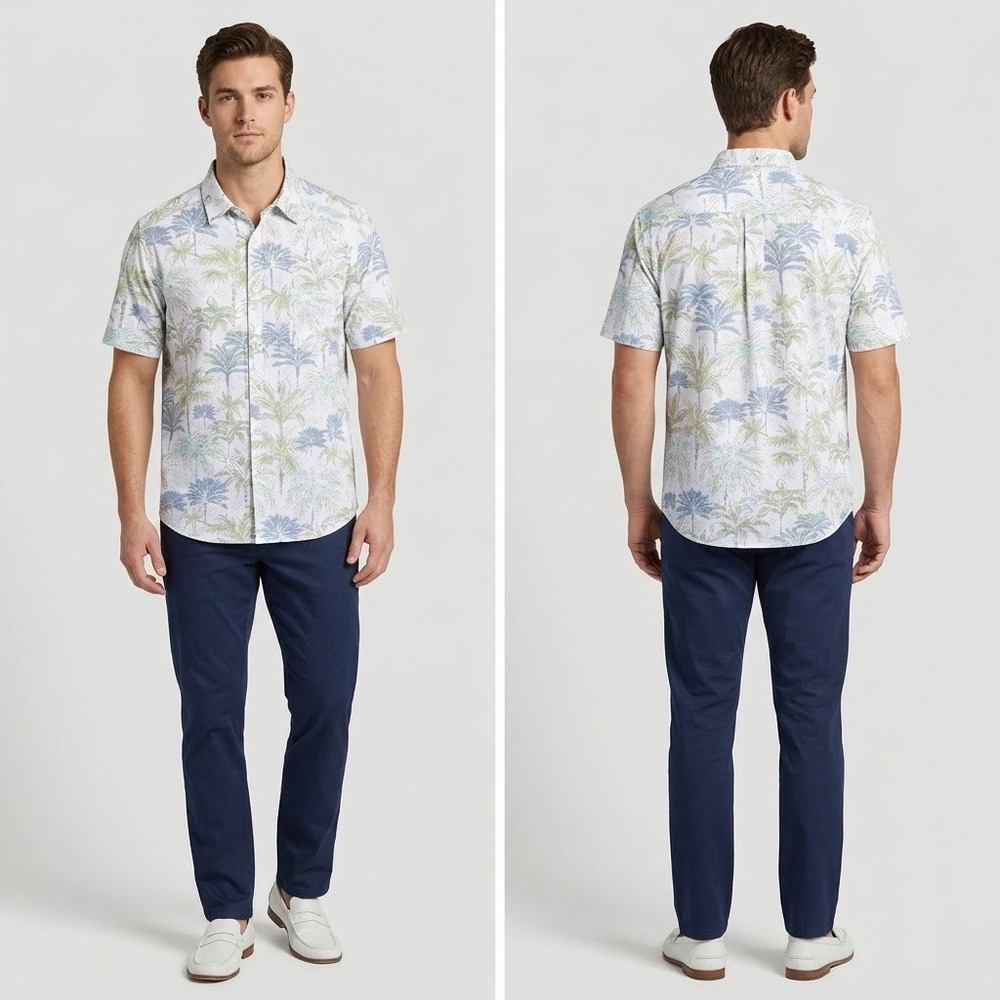Tommy Bahama San Lucio Stretch Mens XL Tropical Palm Tree Button Up Shirt White